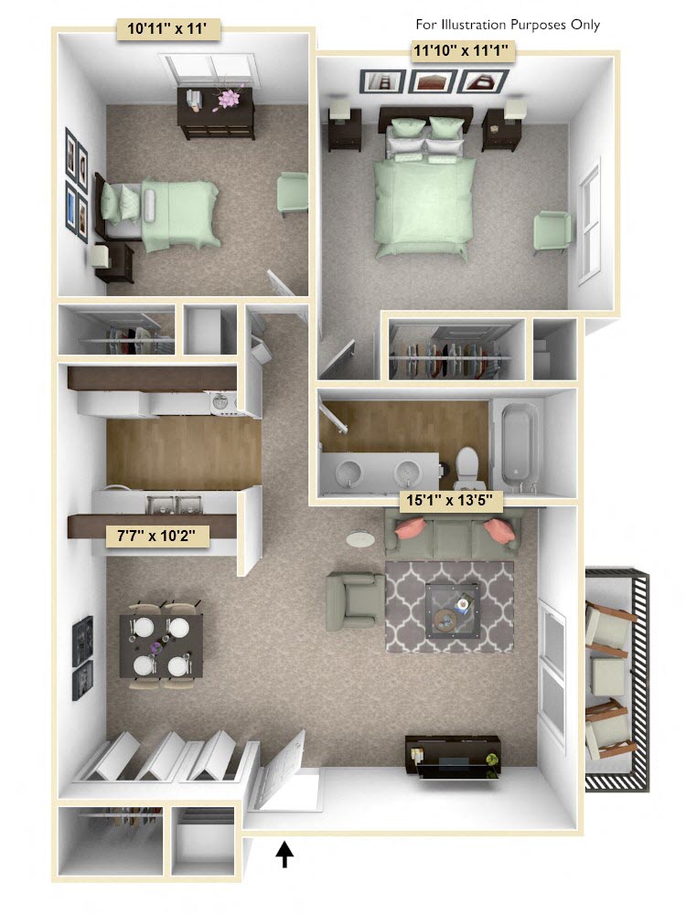 Floor plan for 2 beds, 1 bath, 830 sqft